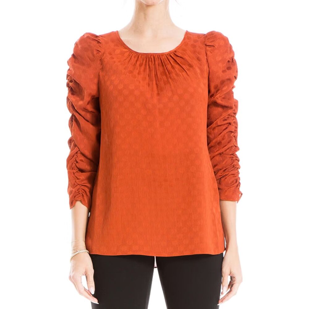 Max Studio Women's Orange Jacquard Shine Dot Ruched Sleeve Blouse M Fall Fashion